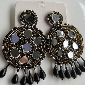 Black and White Beaded Mirrored Earrings
